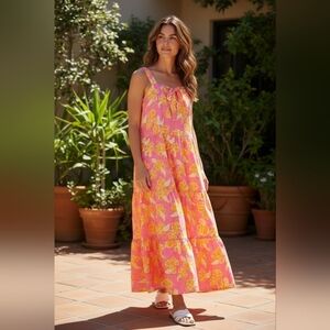 Michelle McDowell Tropical Floral Maxi Dress Pink Orange Halter Bow Tiered S